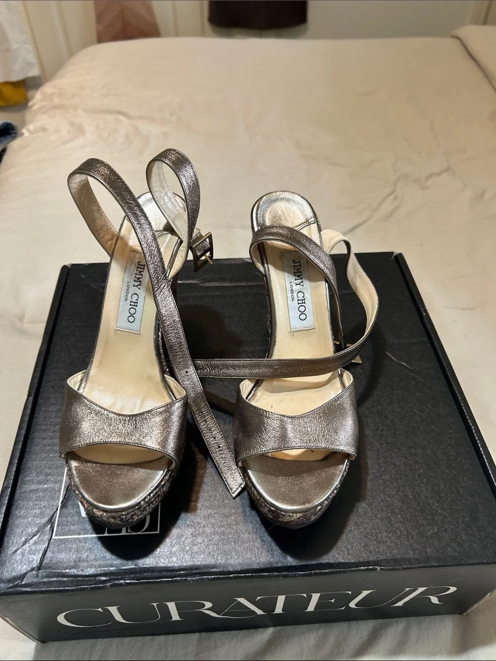 Jimmy Choo Pewter Metallic Snakeskin-Print Wedge Sandals